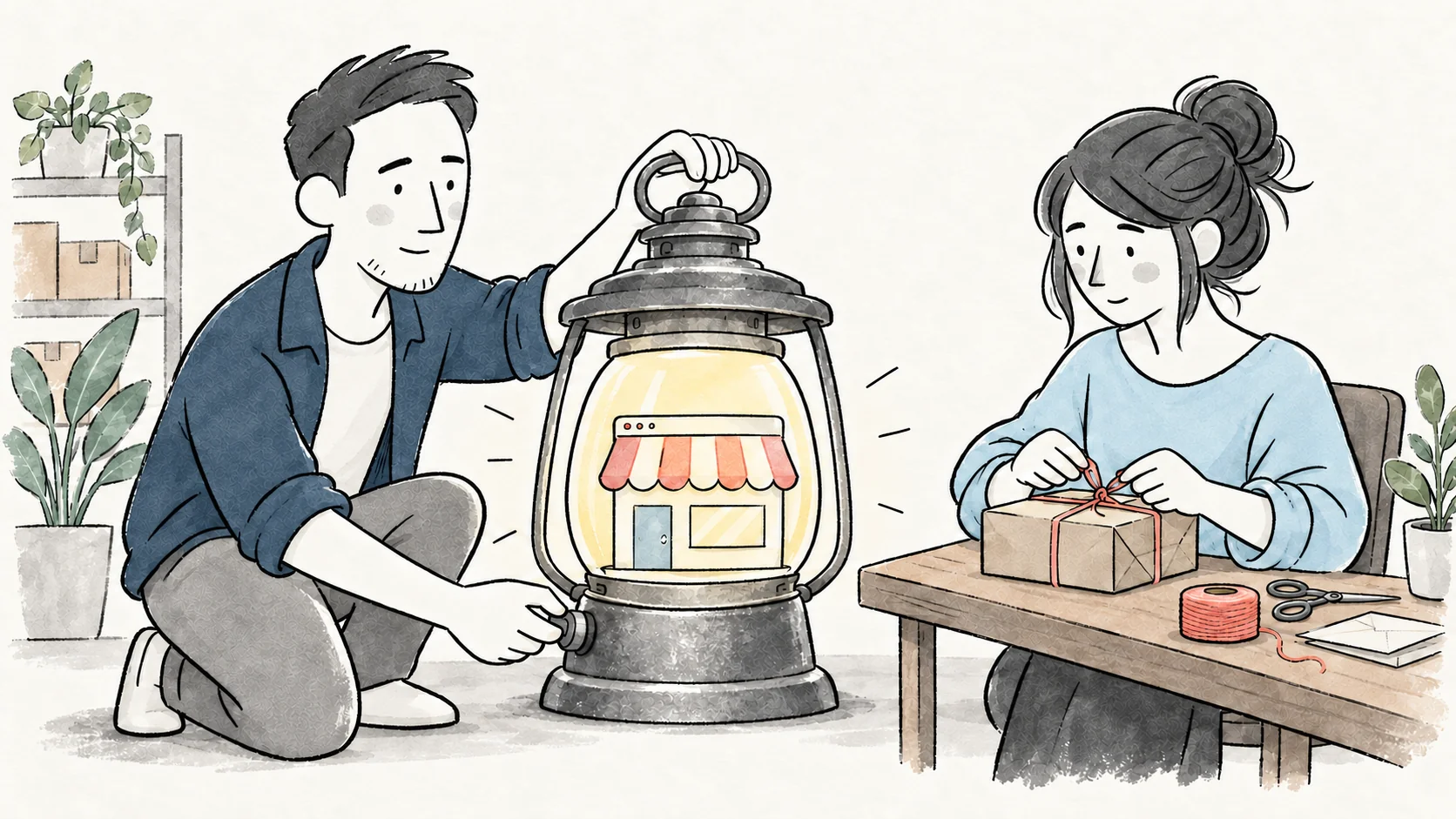 Adil tending a lantern that holds a small shop while its owner prepares a parcel.