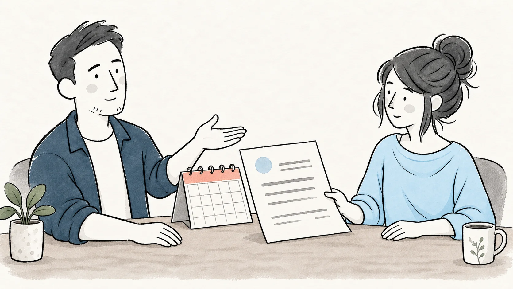 Adil and a customer reviewing a simple quotation beside a monthly calendar.